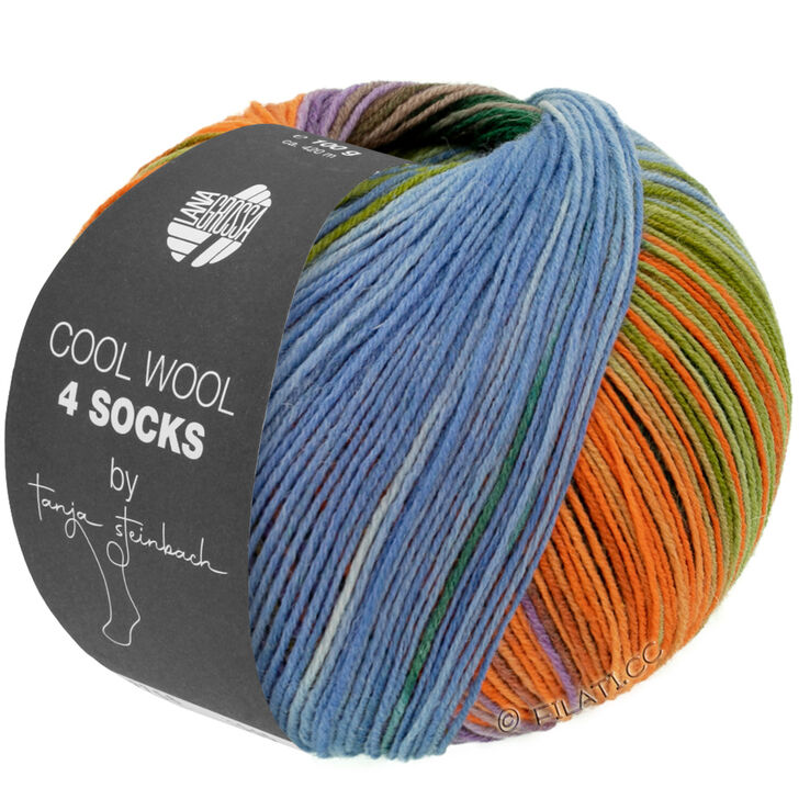 Lana Grossa COOL WOOL 4 SOCKS PRINT II | 7791-zwartgroen/beige/paars/oranje/geelgroen/shiner blauw