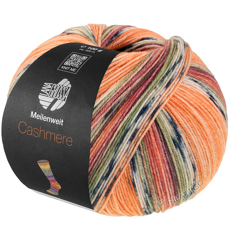 Lana Grossa MEILENWEIT 100g Cashmere Pista | 141-oranje/licht grijs/donker grijs/bruinoranje/licht groen/heide/braam/grijs bruin gestreept