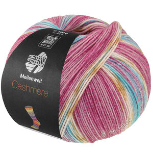 Lana Grossa MEILENWEIT 100g Cashmere Pista | 146-Licht fuchsia/donkere fuchsia/wit/oker/turkoois/licht blauw gestreept