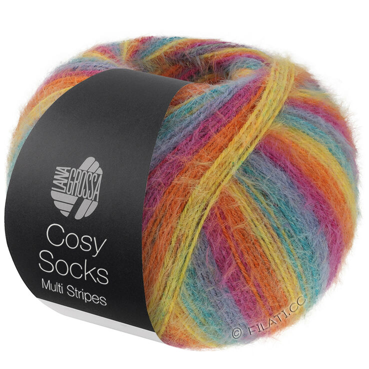 Lana Grossa MEILENWEIT 100g Cosy Socks Multi Stripes | 151-petrol/rook blauw/foksia/oranje/geel
