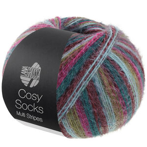 Lana Grossa MEILENWEIT 100g Cosy Socks Multi Stripes | 158-petrol/donkere fuchsia/olijf/mintturkoois/donker rood