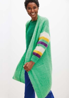 LANG VEST IN TRICOTSTEEK MET GESTREEPTE MOUWEN Mohair Moda van Lana Grossa