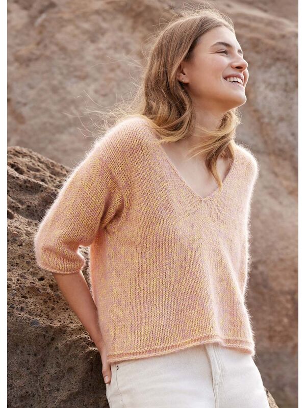 Lana Grossa V-TRUI IN TRICOTSTEEK MET DRIEKWARTMOUWEN Summer Cashmere & Silkhair