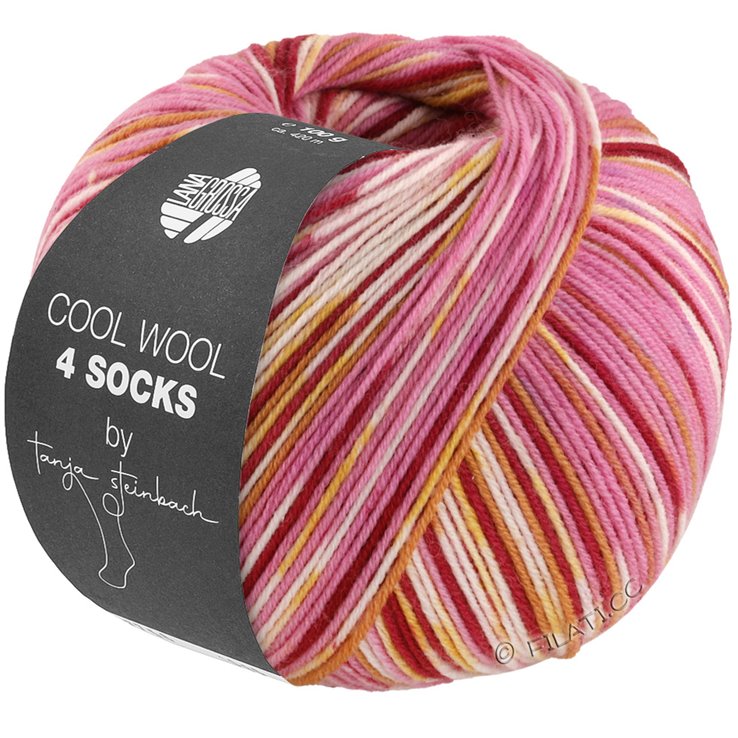 Lana Grossa COOL WOOL 4 SOCKS PRINT III | 7201-felroze/wijnrood/ecru/geel/kameel