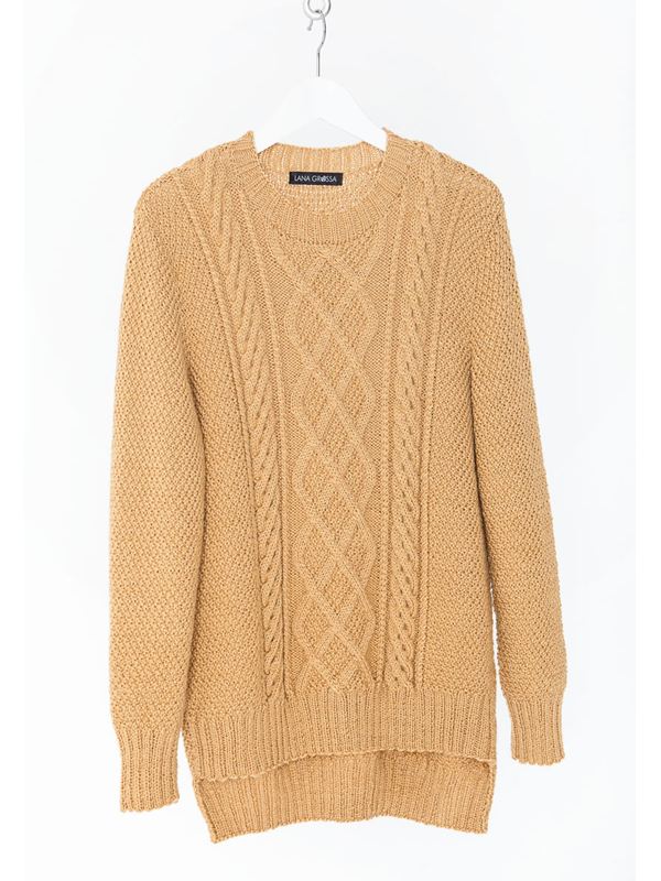 Lana Grossa TRUI IN GERSTEKORREL MET ARANPATROON IN HET VOORPAND Cool Wool Alpaca